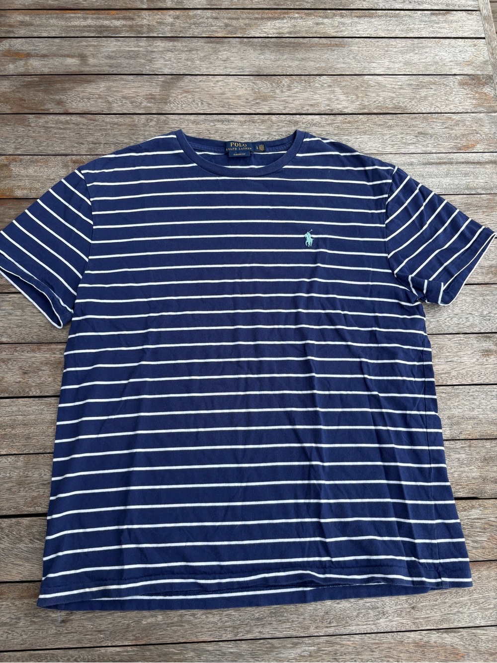 Ralph Lauren Navy & White Striped Crewneck Tee with Mint Pony